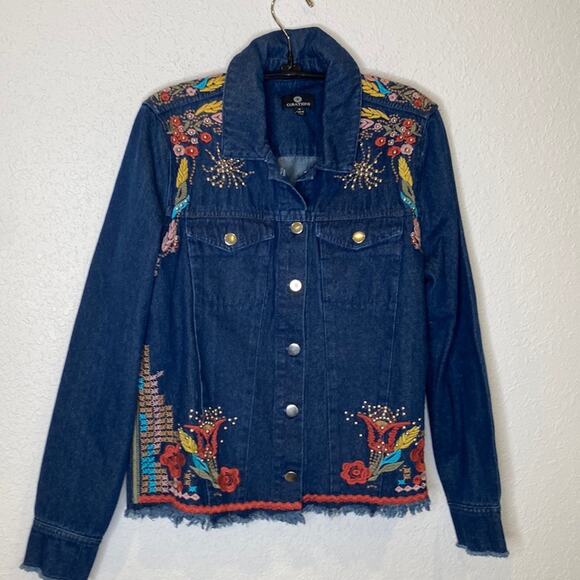 Curations Long Sleeve Button Down Denim Jacket Embroidered Studded EUC Sz M - Picture 1 of 11